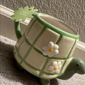 Seeds & Sunshine Green Turtle Shaped Mug with Floral Design